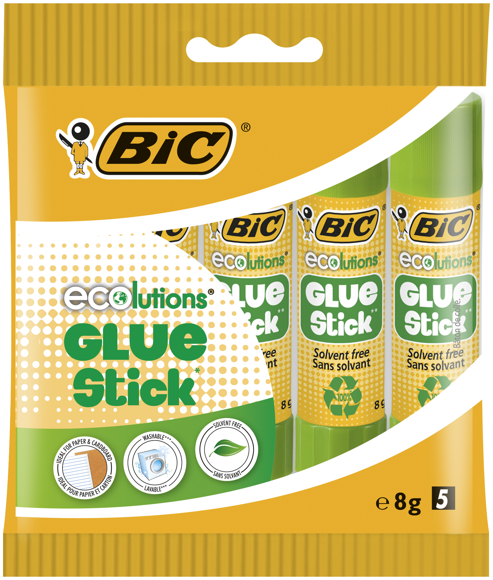 BIC ECOlutions Bâtons de Colle Blanche - 8 g, Pochette de 5