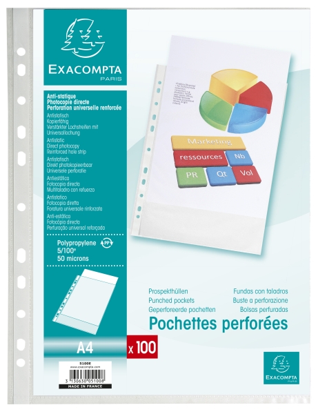 Sachet de 100 pochettes perforées polypropylène grainé 5/100e - A4 